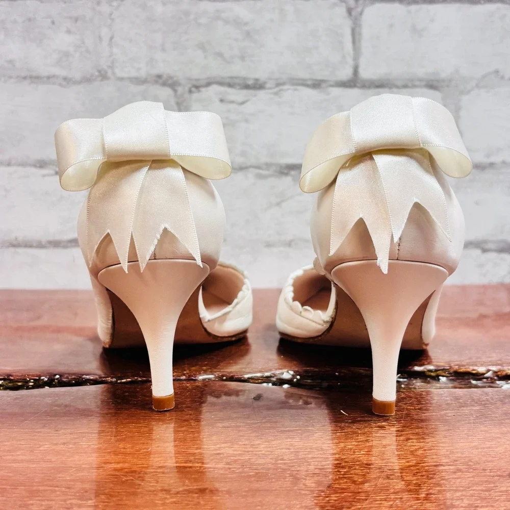 Sargasso & Grey Ivory Leather Scalloped Bow Kitten Heels Made in Spain 38